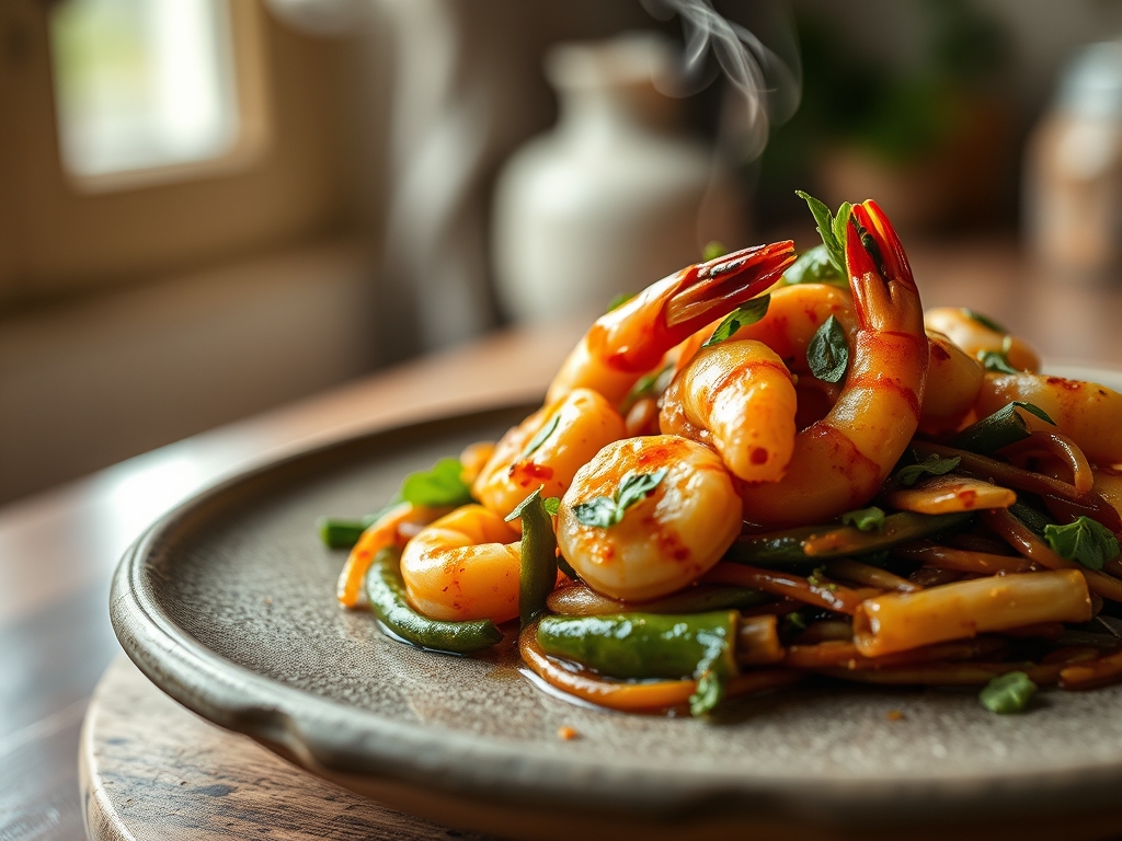Wok de verduras y gambas
